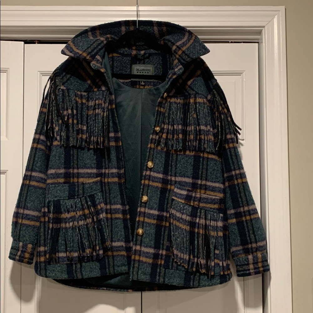 Blank NYC Green Plaid Fringe Wool Jacket